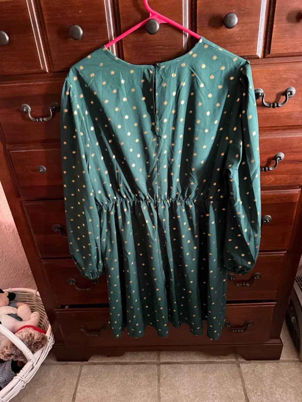 Forest Green Long Sleeve Polka Dot Dress with Gold Dots - Picture 3 of 3